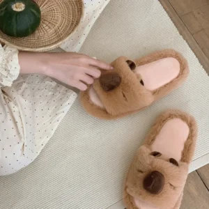 Fuzzy Capybara Plush Slides – Warm Winter House Slippers