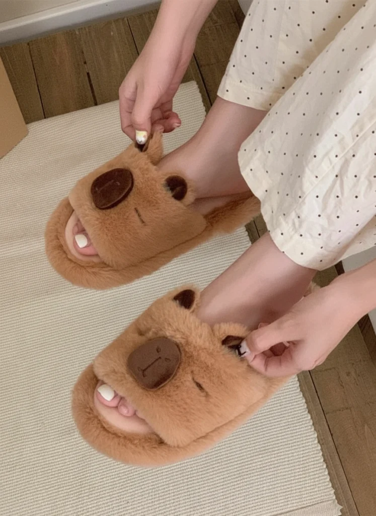 Fuzzy Capybara Plush Slides – Warm Winter House Slippers