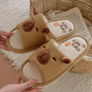 Capybara Linen Slides with Orange Capybara Knit Slippers