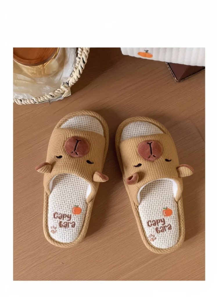 Capybara Linen Slides with Orange Capybara Knit Slippers