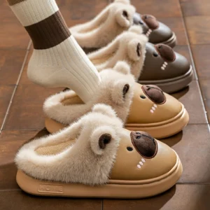 PU Leather Capybara Slippers Plush Lined House Shoes
